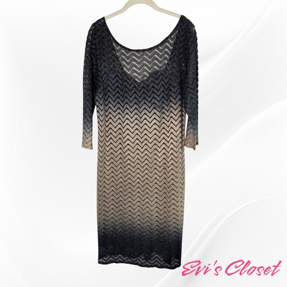 NW Night Way Vintage Sparkling Sequins Chevron Midi Dress Low Back Lining Sz 14W